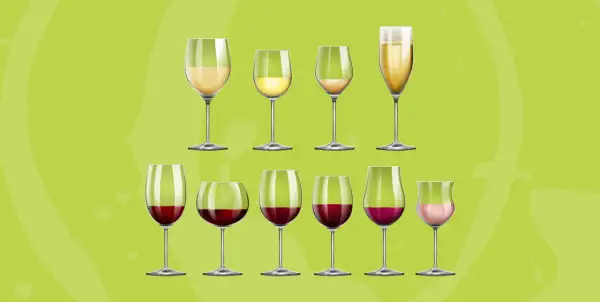 Vari calici di vino bianco e rosso, con bollicine, per illustrare la temperatura ideale dei vini bianchi e rossi.