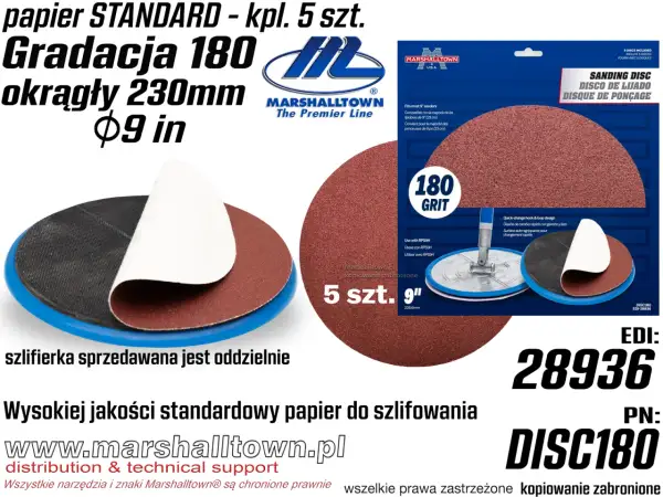Papier ścierny Marshalltown 180 Grit, 230mm, idealny do szlifowania tynku gipsowego. Opakowanie 5 szt.