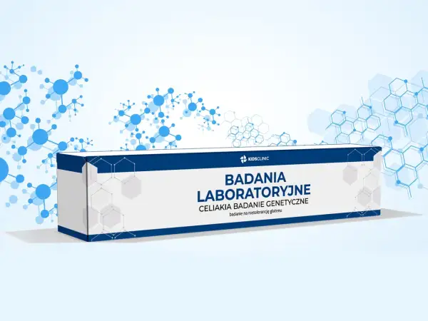 Opakowanie badań laboratoryjnych celiakii genetycznych na tle schematów molekularnych.