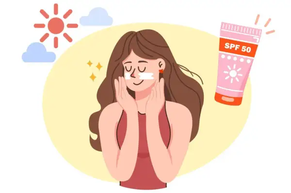 Frau trägt Sonnencreme auf, um ihre Haut vor der Sonne zu schützen und Vitamin D zu tanken. Sonnenschein und Wolken im Hintergrund.