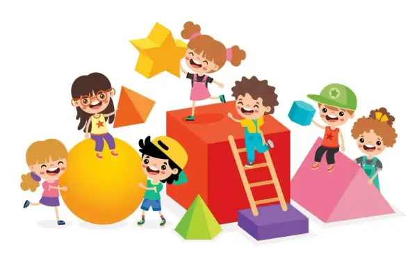 Niños jugando con divertidos dibujos de figuras geométricas: esferas, cubos, pirámides y estrellas.