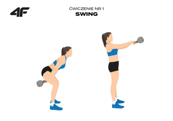 Kobieta wykonuje ćwiczenie swing z kettlebell. Dwie fazy ruchu pokazują, jak osiągnąć świetne ćwiczenia z kettlebell efekty.