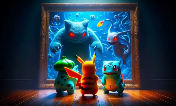 Pikachu, Bulbasaur i Charmander stoją przed obrazem, na którym widać potężne pokemony ogniste.