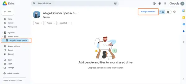 Google Drive interface showing "Abigail's Super Special S..." shared drive. Click "Manage members" to learn how to add to a shared Google Drive.