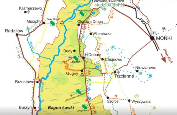Mapa szlaków rowerowych i pieszych w Biebrzańskim Parku Narodowym, największym parku narodowym w Polsce.