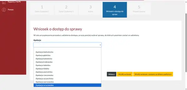 Formularz wniosku o dostęp do sprawy, gdzie można wybrać apelację, np. wrocławską, aby sprawdzić akta sprawy przez internet.