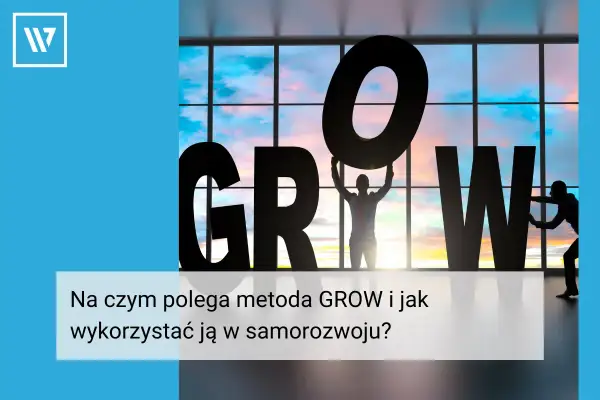 Ludzie tworzą napis GROW, symbolizując rozwój. Pytania coachingowe pomagają w tej drodze.