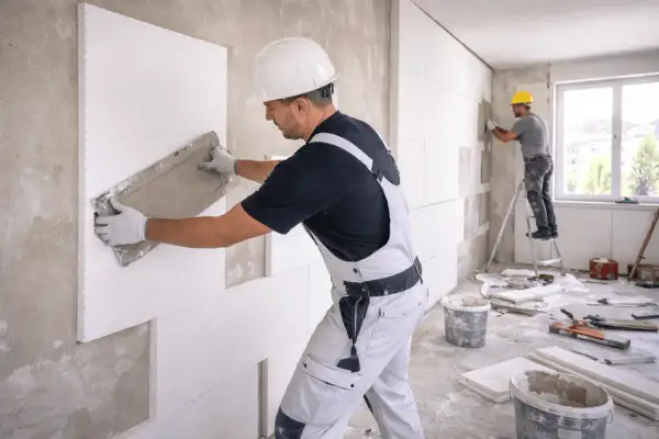 Operaio applica intonaco su pannelli isolanti per cappotto interno.