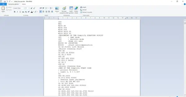 Fragment kodu G-code, zawierający instrukcje dla drukarki 3D, w tym komendy G i M, parametry ruchu oraz ustawienia.