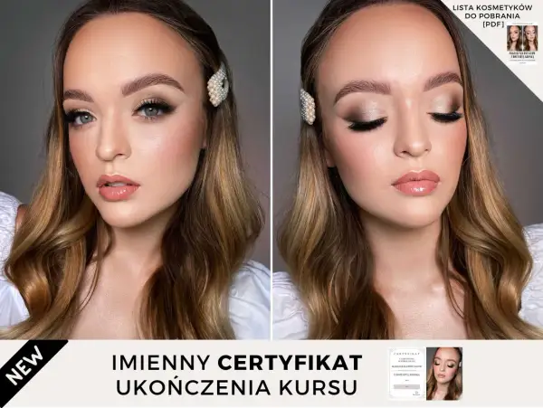 Makijaż ślubny krok po kroku: piękna panna młoda z perłową spinką i certyfikatem ukończenia kursu.