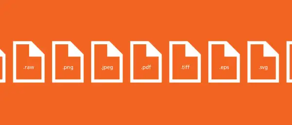Icone di file con diverse estensioni immagini: .raw, .png, .jpeg, .pdf, .tiff, .eps, .svg.