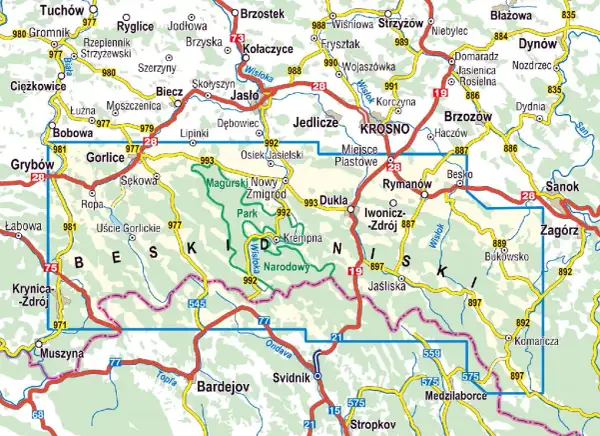 Mapa **Beskid Niski szlaki** z zaznaczonymi miastami jak Gorlice, Krosno, Sanok, Dukla i szlakami turystycznymi.
