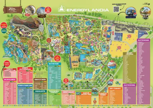 Mapa Energylandii, gdzie jest park rozrywki z atrakcjami, strefami tematycznymi, wodnym światem i gastronomią.
