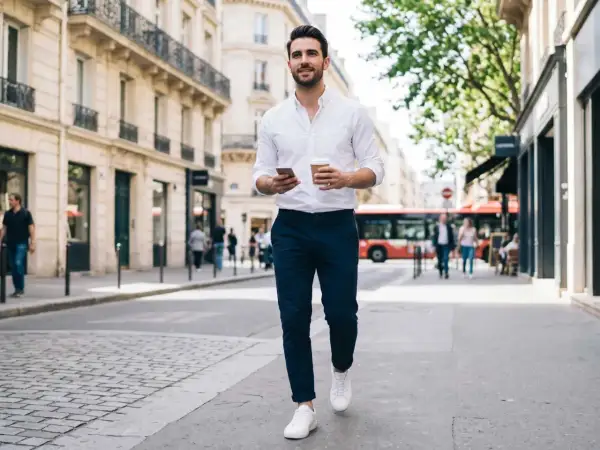 Ein Mann in weißem Hemd und blauer Hose geht durch Paris. Perfekt, was passt zu einer blauen Hose!