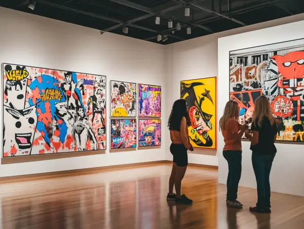Three women admire a collection of vibrant, famous pop art in a gallery.