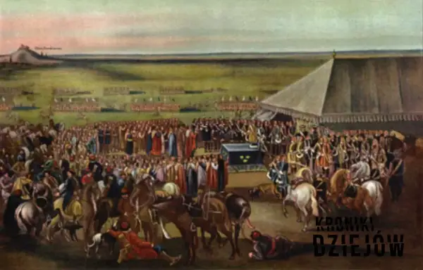 Uroczystość na polu bitwy, tłumy ludzi, namiot, wojsko w tle. Scena nawiązuje do potopu szwedzkiego, data wydarzenia nieznana.