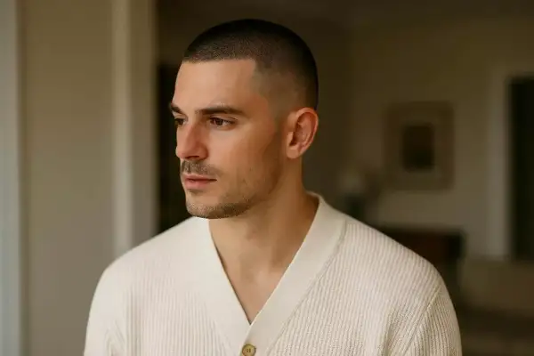 Un homme au regard pensif arbore un buzz cut court impeccable, vêtu d'un cardigan clair.