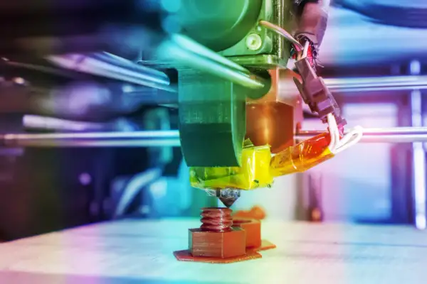Głowica drukarki 3D drukuje brązową śrubę na platformie roboczej.