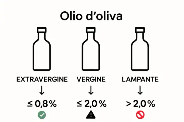 Olio d'oliva: acidità massima per Extravergine (≤0,8%), Vergine (≤2,0%) e Lampante (>2,0%).