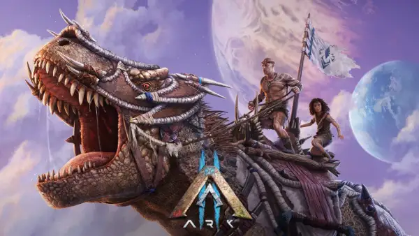 Dinozaur z ludźmi na grzbiecie, z flagą i planetami w tle. Zapowiedź ark 2 premiera.
