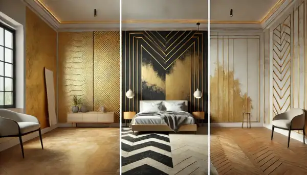 Interni di lusso con dettagli in **colore dorato**. Pareti texturizzate, motivi geometrici e un letto moderno creano un'atmosfera opulenta.