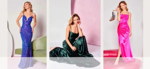 Drei Frauen in eleganten Abendkleidern: blau-glitzernd, smaragdgrün und pink.