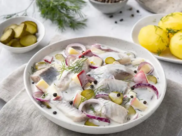 Marinierter Hering mit Äpfeln, Zwiebeln und Dill in cremiger Sauce, garniert mit Pfefferkörnern. Dazu Pellkartoffeln und Gewürzgurken.