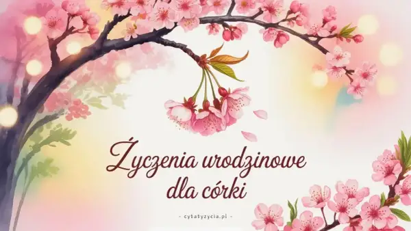 Kwiaty wiśni i delikatne światła tworzą tło dla wzruszających życzeń urodzinowych dla córki.