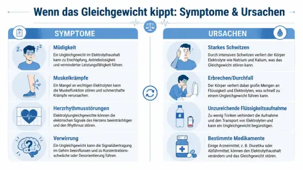 Infografik zeigt, was sind Elektrolyte und welche Symptome und Ursachen bei einem Ungleichgewicht auftreten, z.B. Müdigkeit, Krämpfe, Schwitzen.