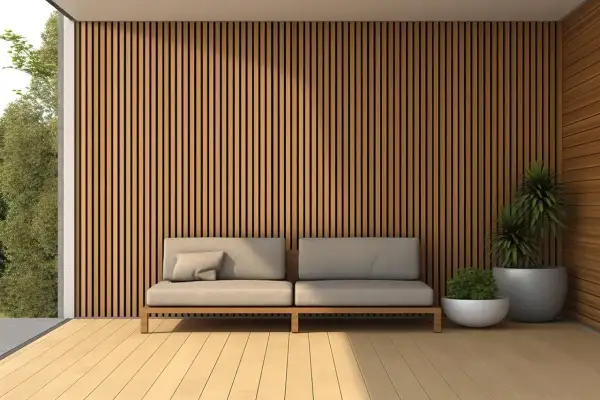 Nowoczesny salon z lamelem na ścianie, wygodna sofa i rośliny tworzą przytulną przestrzeń.