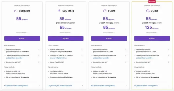 Pakiety internetowe i telewizyjne od telewizja max play: światłowód 300 Mb/s, 600 Mb/s, 1 Gb/s i 5 Gb/s.