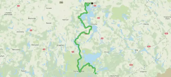 Trasa rowerowa przez Szlak Wielkich Jezior Mazurskich, od Węgorzewa przez Giżycko, Ruciane-Nidę po Białą Piskę.