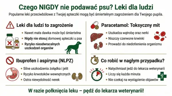 Leki przeciwbólowe dla psa mogą być śmiertelne. Nigdy nie podawaj psu leków dla ludzi, nawet w małych dawkach. W razie połknięcia leku, natychmiast udaj się do weterynarza.
