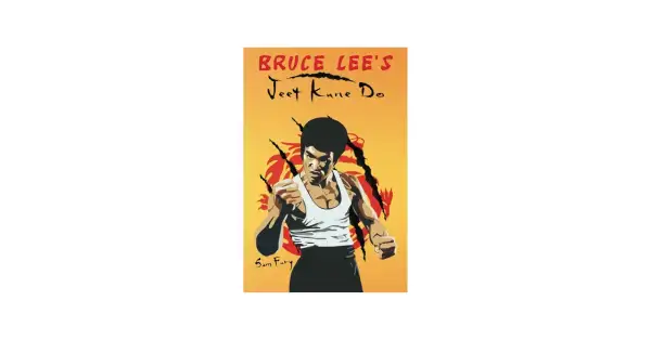 Bruce Lee i hans ikoniska stil, redo att utöva jeet kune do. Bakgrunden har en stiliserad drake.
