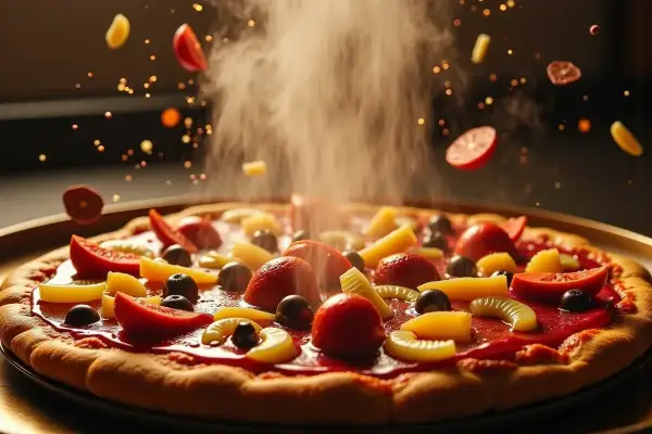 Słodka pizza z owocami i czekoladą, unosząca się para i spadające składniki tworzą magiczny widok.