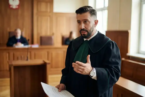 Prawnik w todze omawia kwestie wydziedziczenia i zachowku w sali sądowej.