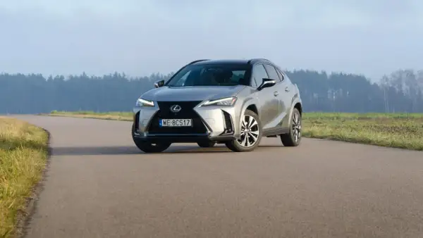 Srebrny Lexus UX 250h na krętej drodze, z lasem w tle.