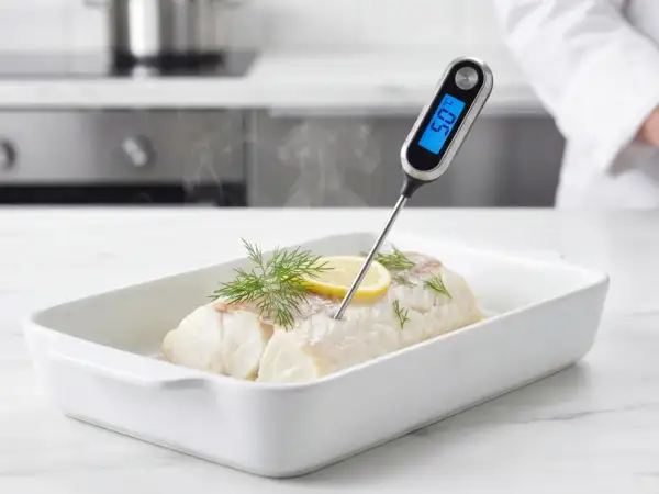 En vit fisk i ugnsform med citron och dill. En digital termometer visar vit fisk temperatur: 59°C.