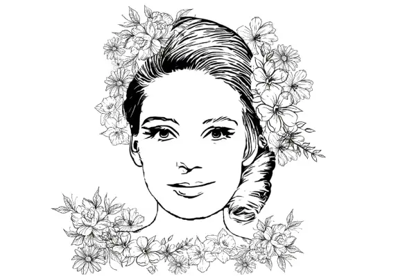 Portret kobiety ozdobiony kwiatami, idealny jako szablon portret wiosny kolorowanka.