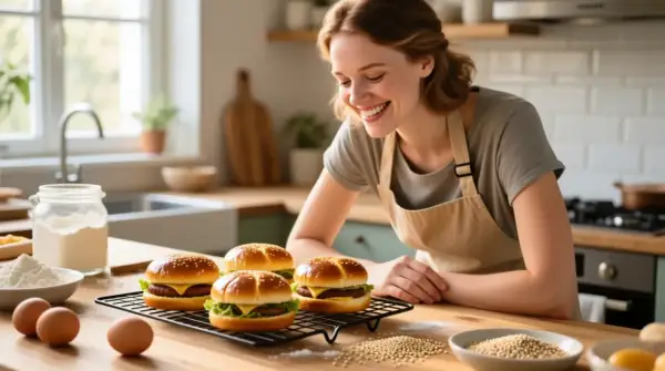 Une femme souriante prépare des burgers sur une table de cuisine avec des ingrédients.