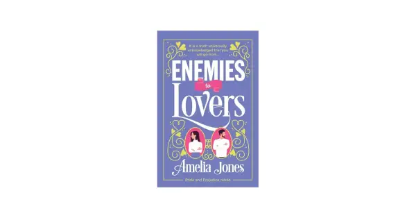 Okładka książki "Enemies to Lovers" Amelii Jones. Dwie postacie w medalionach, symbolizujące przemianę od wrogów do zakochanych.