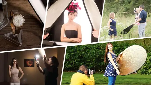 Collage showing how to use bounce lighting with reflectors and diffusers for product and portrait photography.