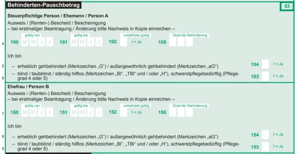 Formular zur Beantragung eines Behinderten-Pauschbetrags. Felder für den Grad der Behinderung und Angaben zur Person A und B.