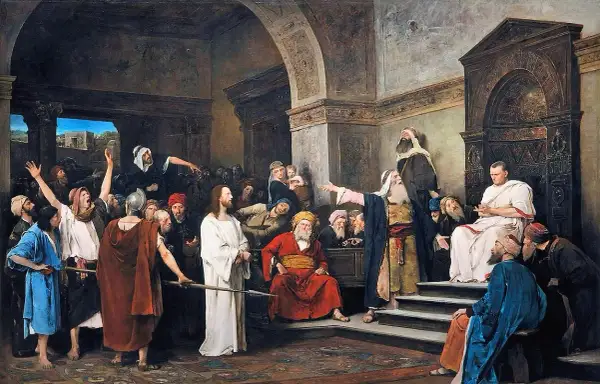 Piłat, pytany kto skazał Jezusa na śmierć, wskazuje na tłum. Jezus stoi po lewej.