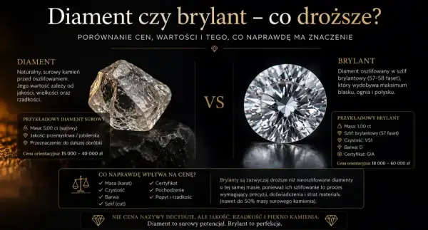 Surowy, nieoszlifowany diament obok lśniącego brylantu. Porównanie cen i wartości kamieni.