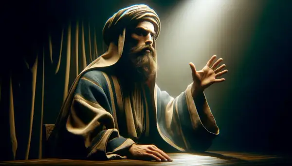 Faryzeusz w tradycyjnym stroju, z brodą i turbanem, gestykuluje ręką w świetle reflektora.