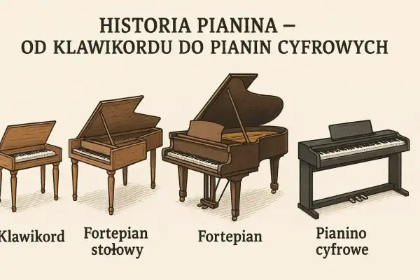 Ewolucja instrumentów klawiszowych: od klawikordu, przez fortepian stołowy i fortepian, po pianino cyfrowe.