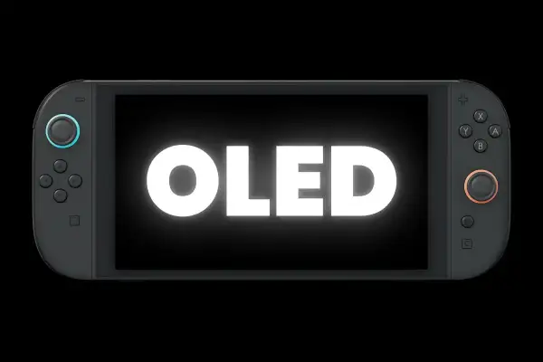 Konsola Nintendo Switch OLED z białym napisem "OLED" na ekranie.