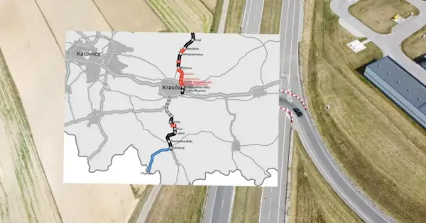 Mapa drogowa S7 z zaznaczonymi odcinkami i miastami, od Katowic przez Kraków po Chyzne.