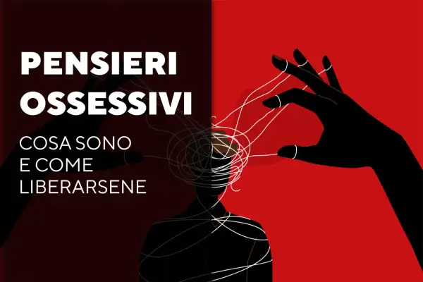 Mani nere controllano fili bianchi che avvolgono la testa di una figura, simboleggiando pensieri ossessivi dopo un trauma.